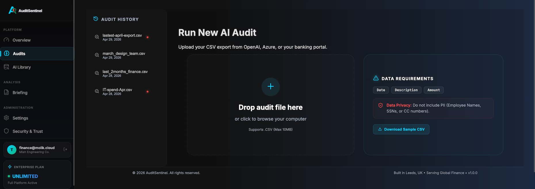 Simply drag and drop your corporate spend exports into our Privacy-First audit engine.